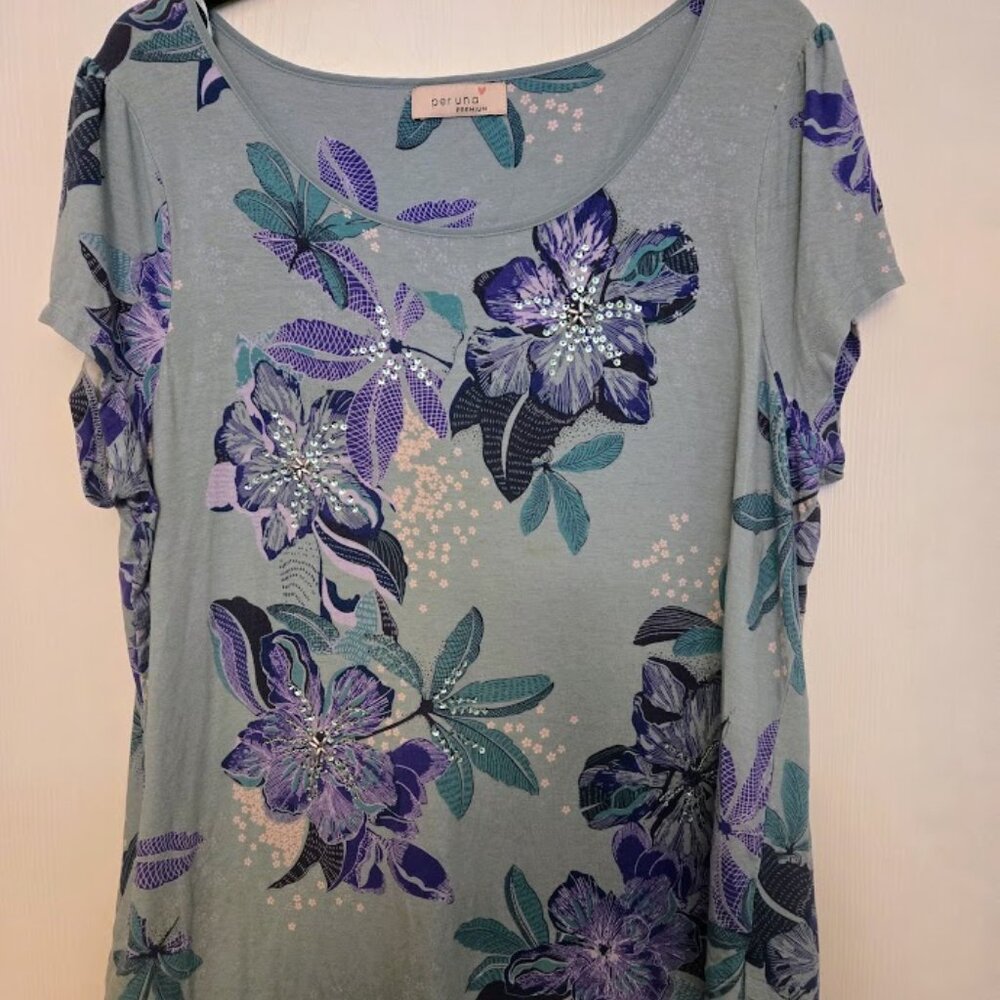 Per Una blue floral S/S tunic top with sequins XL